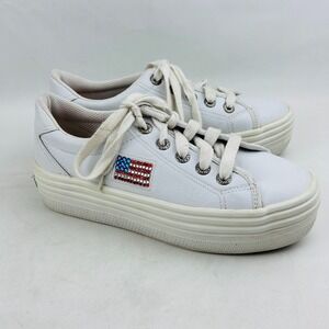 Steve Madden Bravest Platform Sneaker Bling USA Flag Womens 8 White‎ Leather Y2K